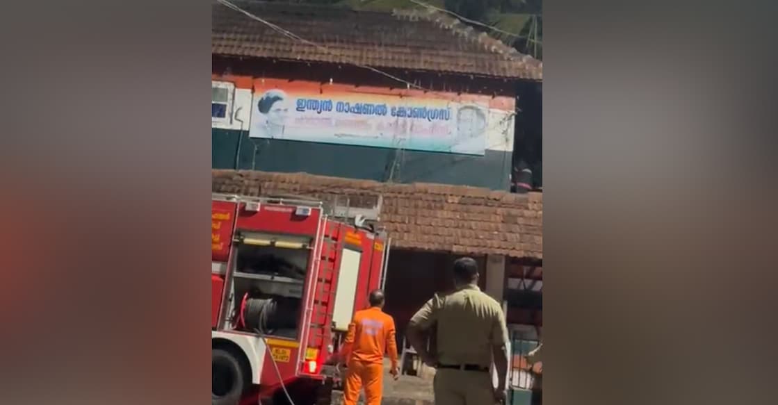 Fire Force personnel infront of the Congress Mandalam Committee office in Kodiyeri. Photo: Special arrangement