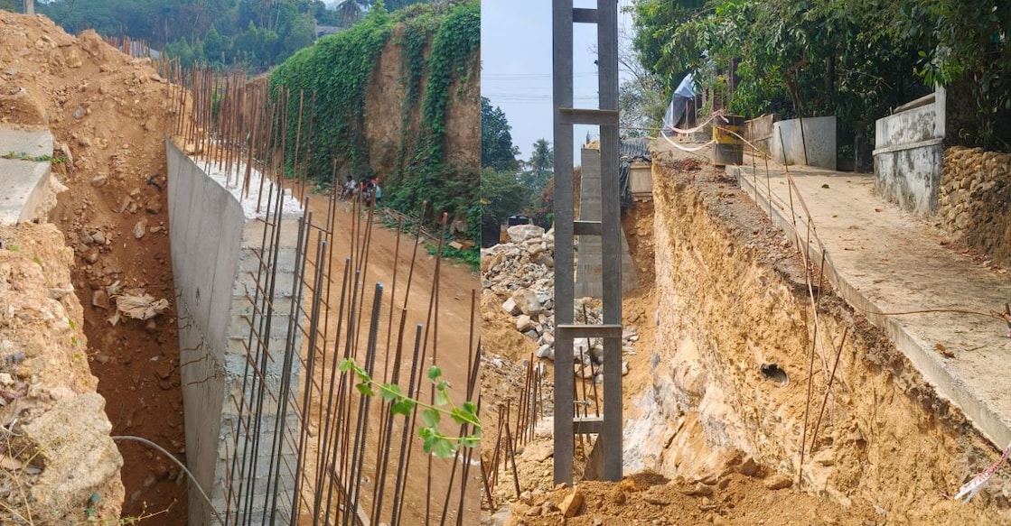 Retaining wall being constructed along the 80 m disputed stretch of the New Bypass in Kothamangalam. Photo: Special Arrangement