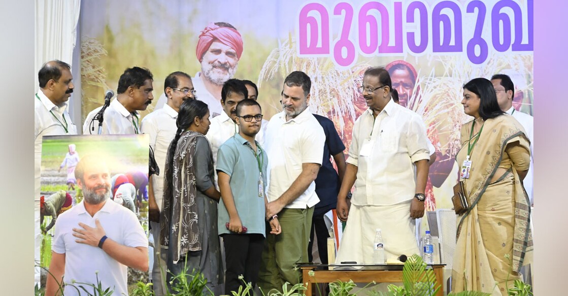 Ambarish, the student farmer with Down Syndrome, and his mother interacting with Rahul Gandhi. Photo: Special Arrangement