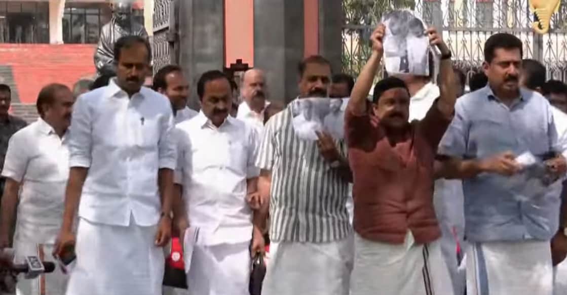A screengrab showing opposition MLA'S walking out of the assembly. Photo: Manorama News 