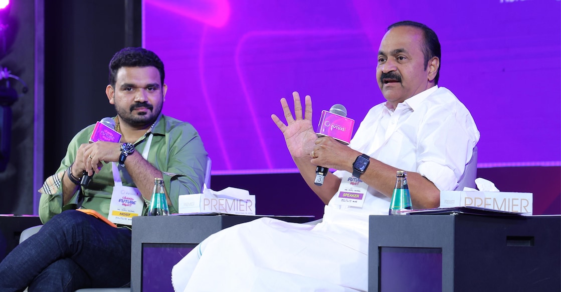 Opposition Leader V D Satheesan speaking at a session titled “Masters in Social Engineering” with Dr Tom M Joseph, Director, New Initiatives at Jain University. Photo: Special Arrangement