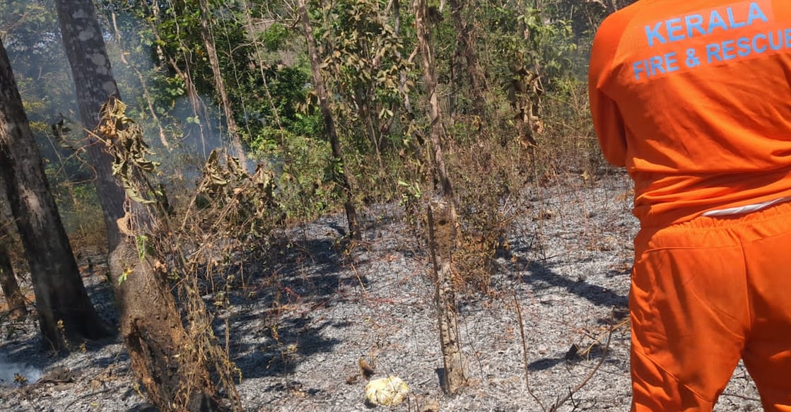 Fire that broke out in the forest area adjoining the Social Forestry nursery near the Kudayathoor School for the Blind. Photo: Special arrangement. 