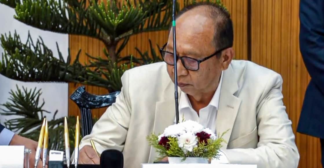 BJP legislator Yumnam Khemchand Singh during his swearing-in as new Manipur Chief Minister, in Imphal, Manipur. Photo: PTI