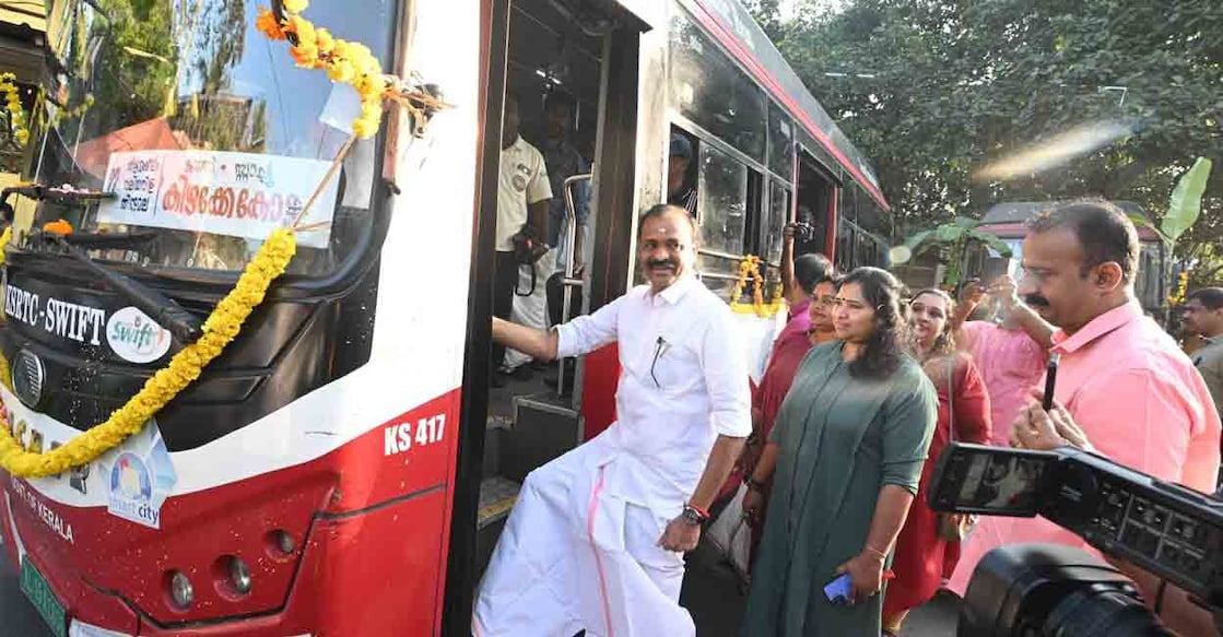 Thiruvananthapuram Corporation Mayor VV Rajesh boards electric bus following the flag off. Photo: Facebook/Adv VV Rajesh