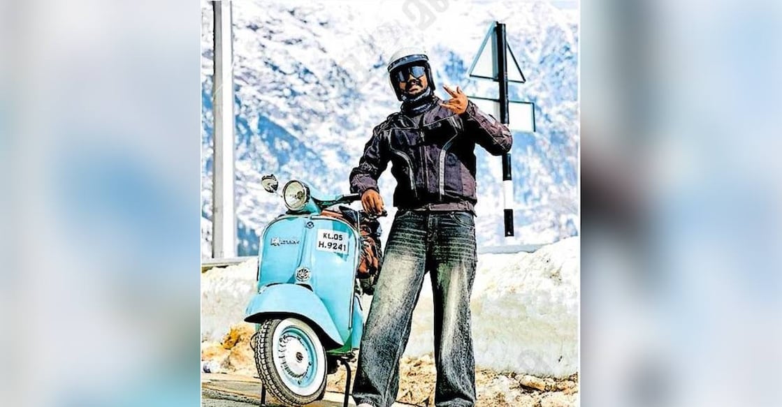 Anzil with the vintage Chetak scooter he rode from Idukki to Kashmir.