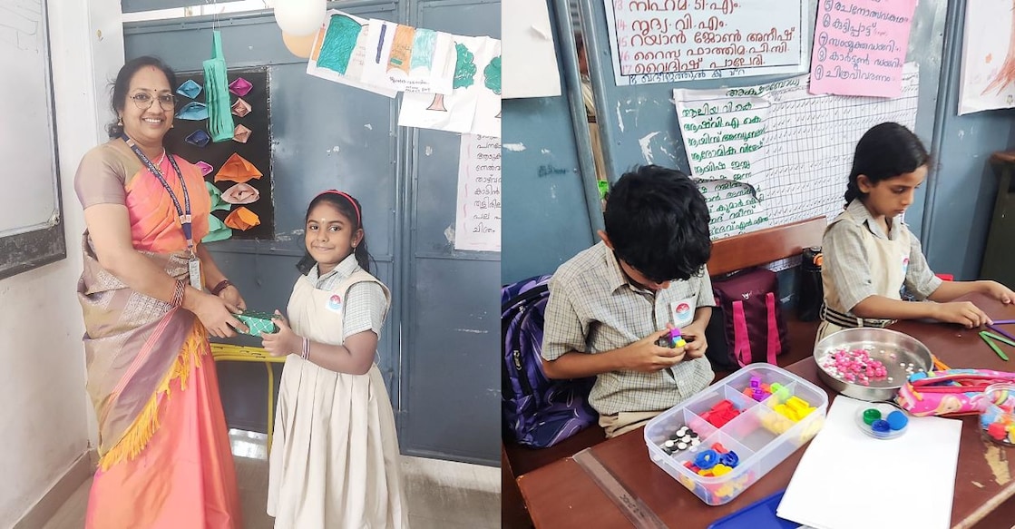 Amritha K P, with one of her students (Left); her students engaged in creative projects (Right). Photo: Special Arrangement.