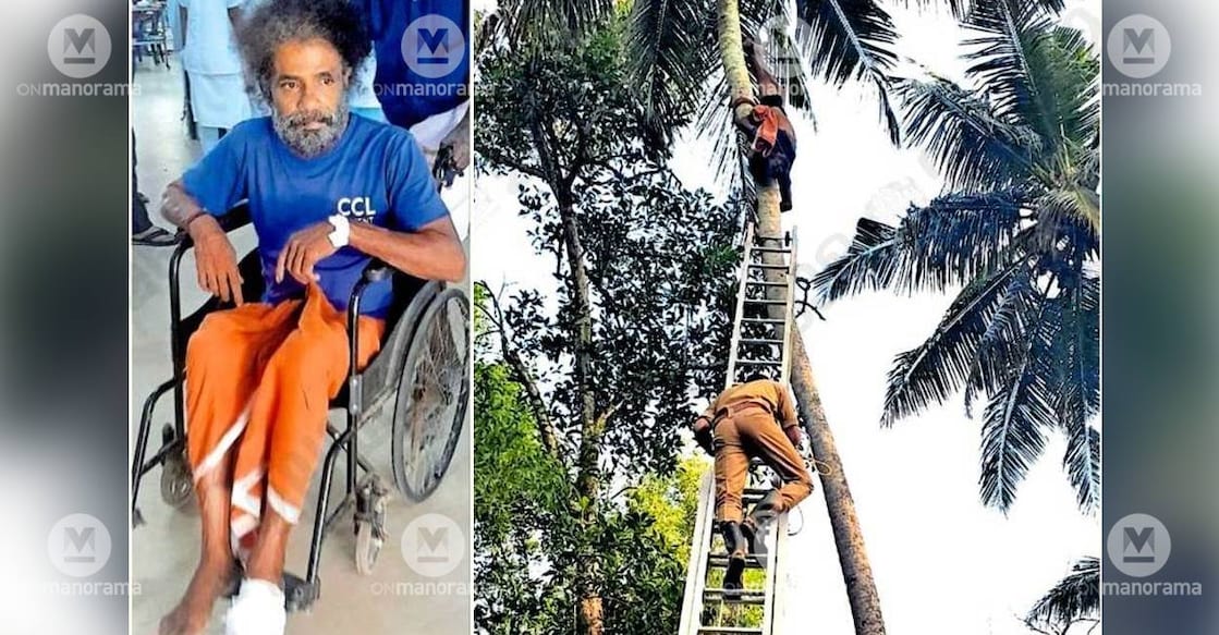 (Left) When Varghese was brought to the Cherthala Taluk Hospital. (Right): Fire and Rescue Services personnel rescuing Varghese, who is hanging upside down after his leg got stuck in a coconut-tree climbing device.