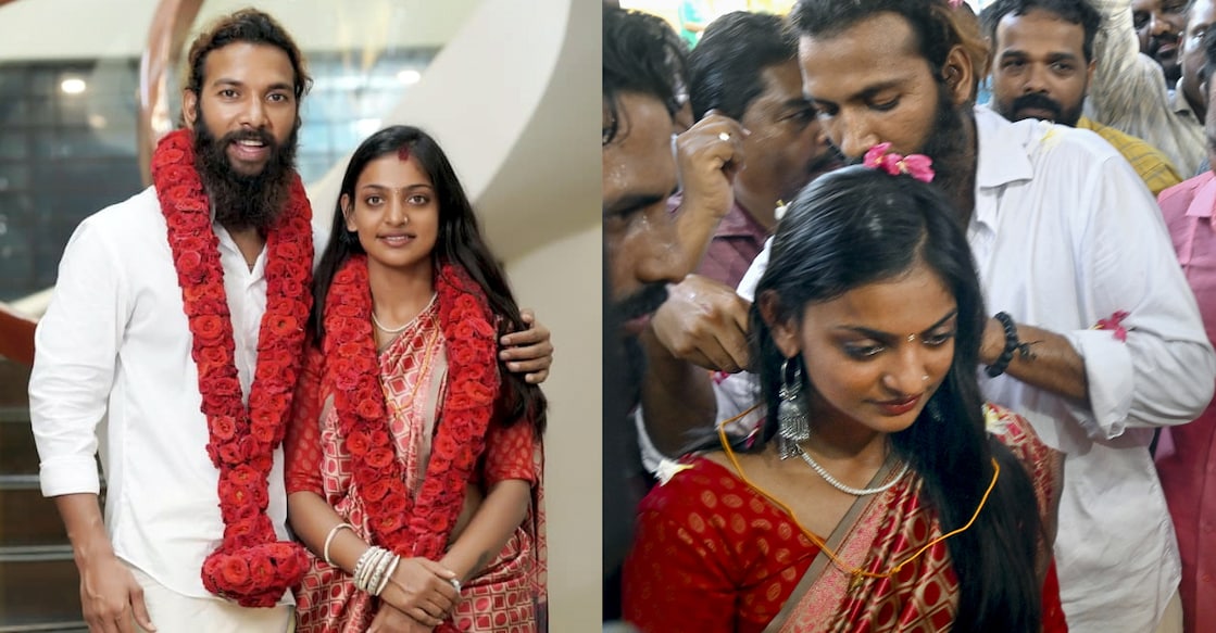Monalisa Bhosle, who went viral on social media during the Kumbh Mela, enters wedlock with her partner Farman Khan at a temple, in Thiruvananthapuram , Kerala. Photo: PTI