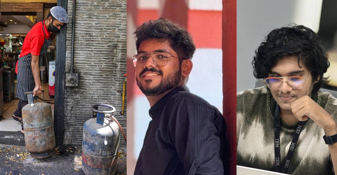 This combination of pictures show a worker at an eatery takes a gas cylinder (L) and founders of Gas undo platform- Vaishakh Suresh and Viswanatha Kartha V (R). Photo: PTI, Special Arrangement.