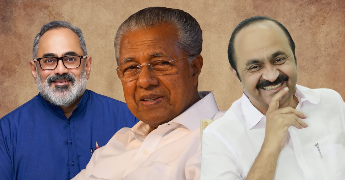 Rajeev Chadrasekhar, Pinarayi Vijayan and V D Satheesan. File Photos: Manorama & Facebook. 