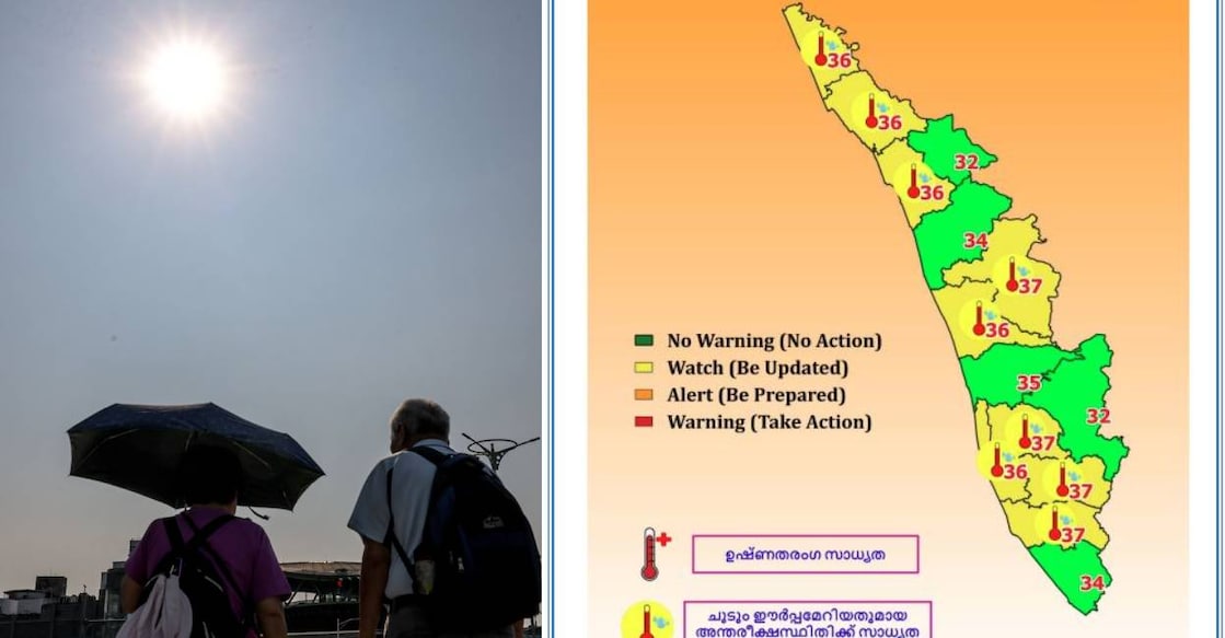 This combination of photos shows a person carrying umbrella to escape from heat and IMD infographics of Yellow alert. Photo: AFP, IMD