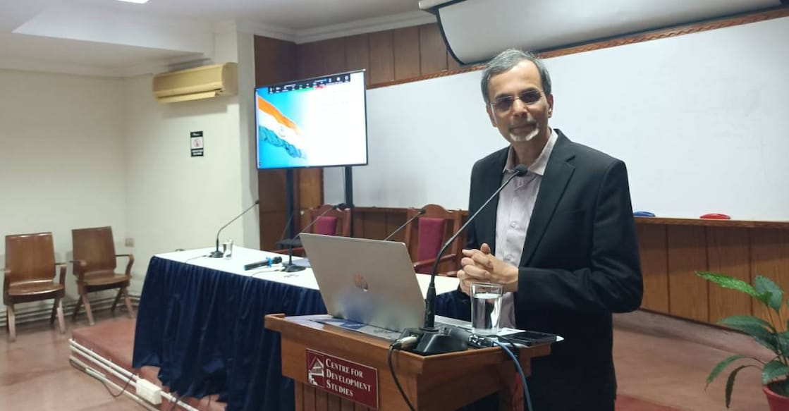 India's Chief Economic Advisor Anantha Nageshwaran delivering the 15th PK Gopalakrishnan Memorial Lecture at Centre for Development Studies in Thiruvananthapuram on Monday. Photo: Special Arrangement