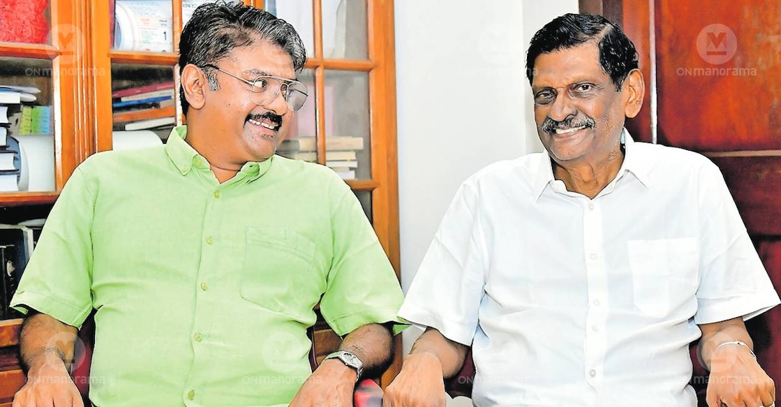 Apu John Joseph with father and Kerala Congress leader PJ Joseph. Photo: Manorama Archives