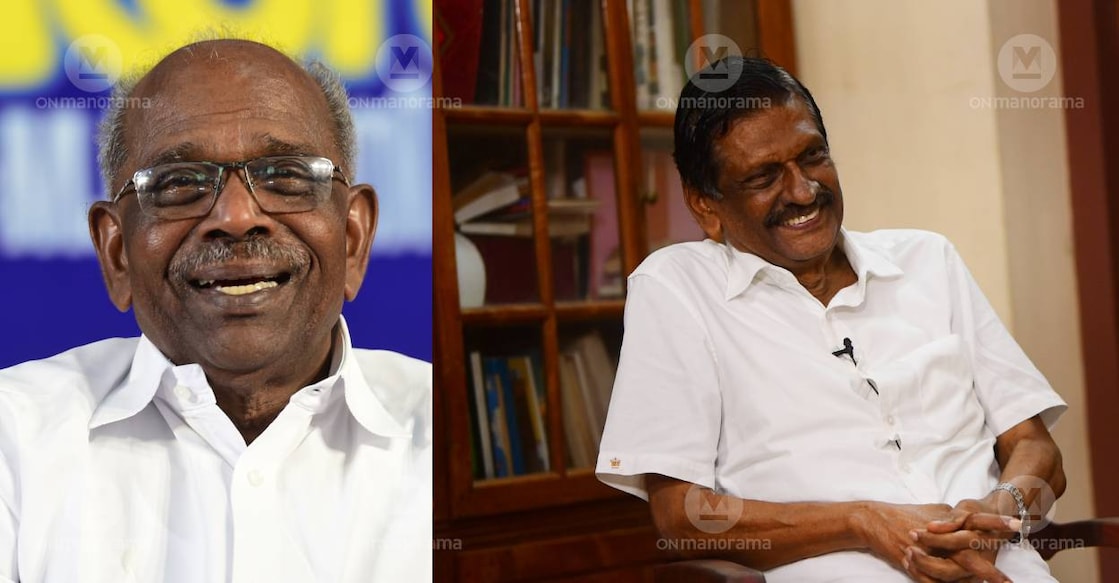 CPM leader MM Mani and Kerala Congress leader PJ Joseph. Photo: Manorama Archives