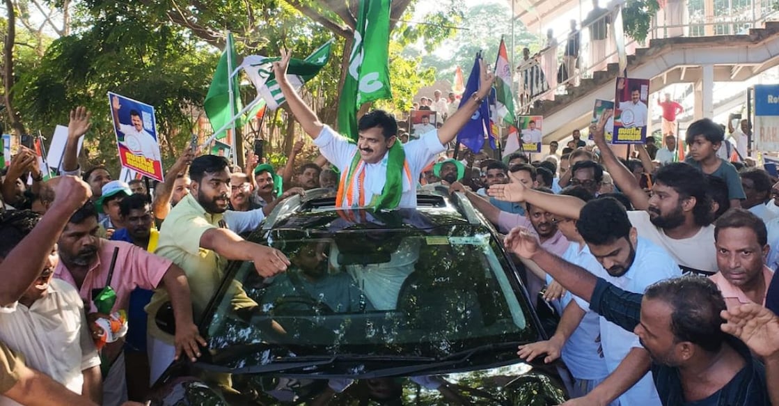Congress candidate Sandeep Varier during a roadshow after arriving at Trikaripur railway station on Thursday. Photo: Special Arrangement