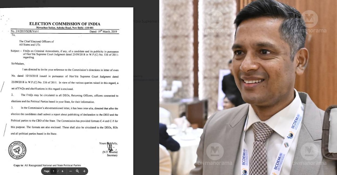 ECI's letter with BJP seal and Chief Electoral Officer of Kerala Rathan U Kelkar. Photo: X/CPI(M) Kerala and Manorama Archives