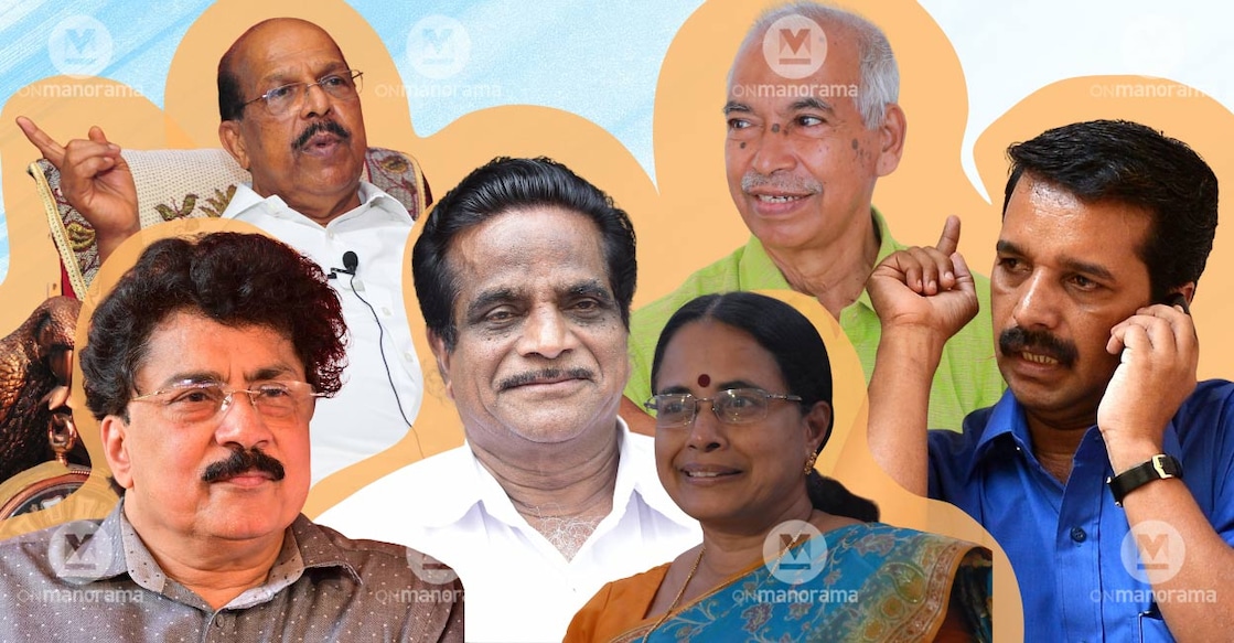A combination picture showing (from left) P K Sasi, G Sudhakaran, T K Govindan, Aisha Potty, V Kunhikrishnan and A Suresh. Photo: Manorama