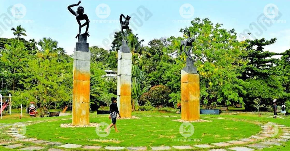 Landscaping work underway near the Bahuroopi sculptures at Nagambadam Nehru Park.