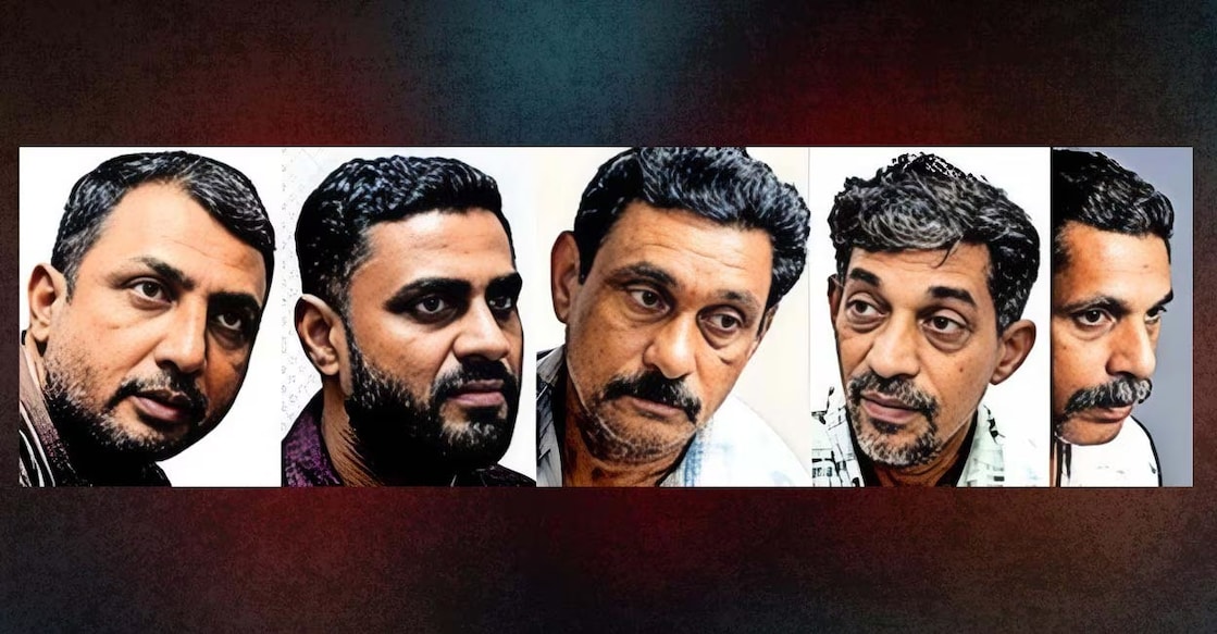 (From Left) Shameer, his brother Sinaj, their father Abdul Azeez, Sudheer Subi and Shaji, the convicts in the Noel murder case. Photo: Manorama