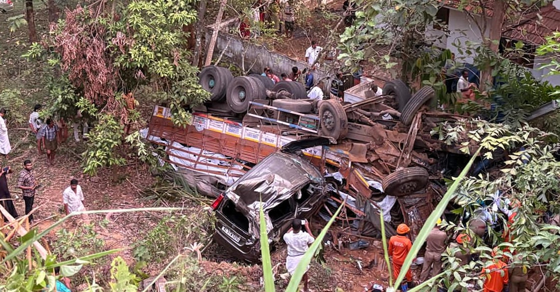 The lorry turned upside down after ramming into the car. Photo: Special arrangement