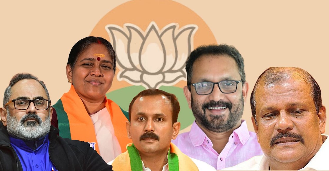 BJP candidates (from left) Rajeev Chandrasekhar, Sobha Surendran, Shone George, K Surendran and P C George. Photo: Canva