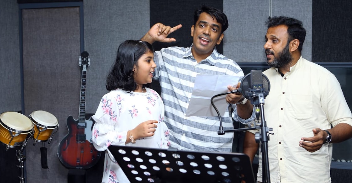 From left to right: Singer Velga, lyricist Abdul Khader, and singer Shabeer during the recording of an election parody song in Kochi. Photo: Special Arrangement