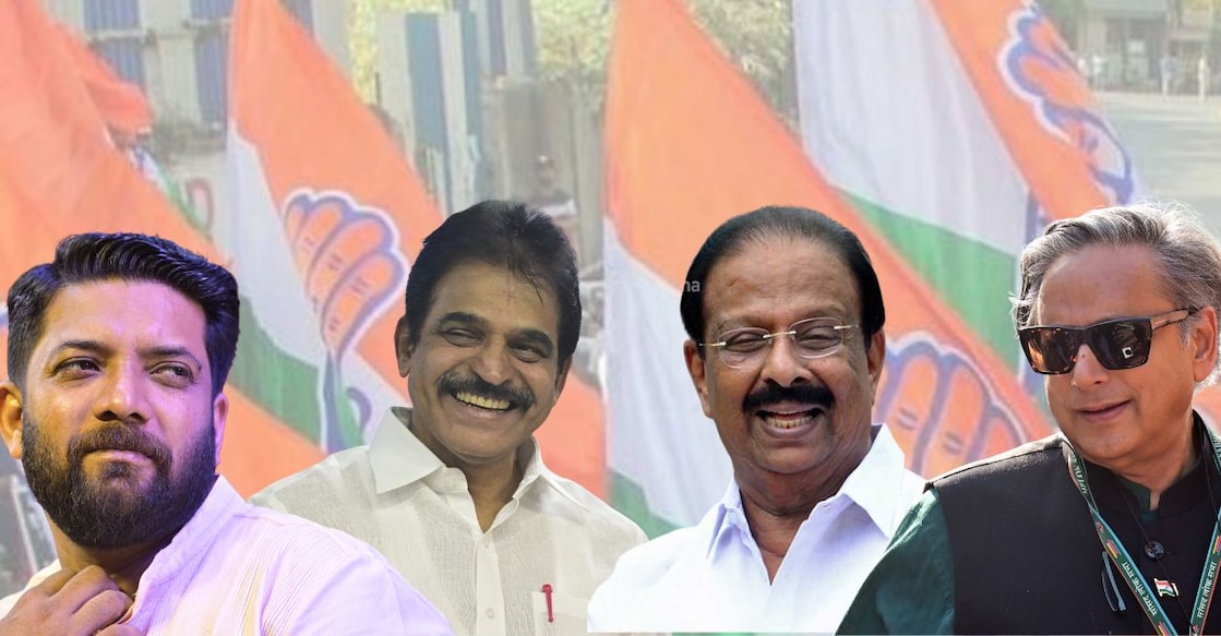 Congress leaders Shafi Parambil, KC Venugopal, K Sudhakaran and Shashi Tharoor. Photo: Canva/Manorama