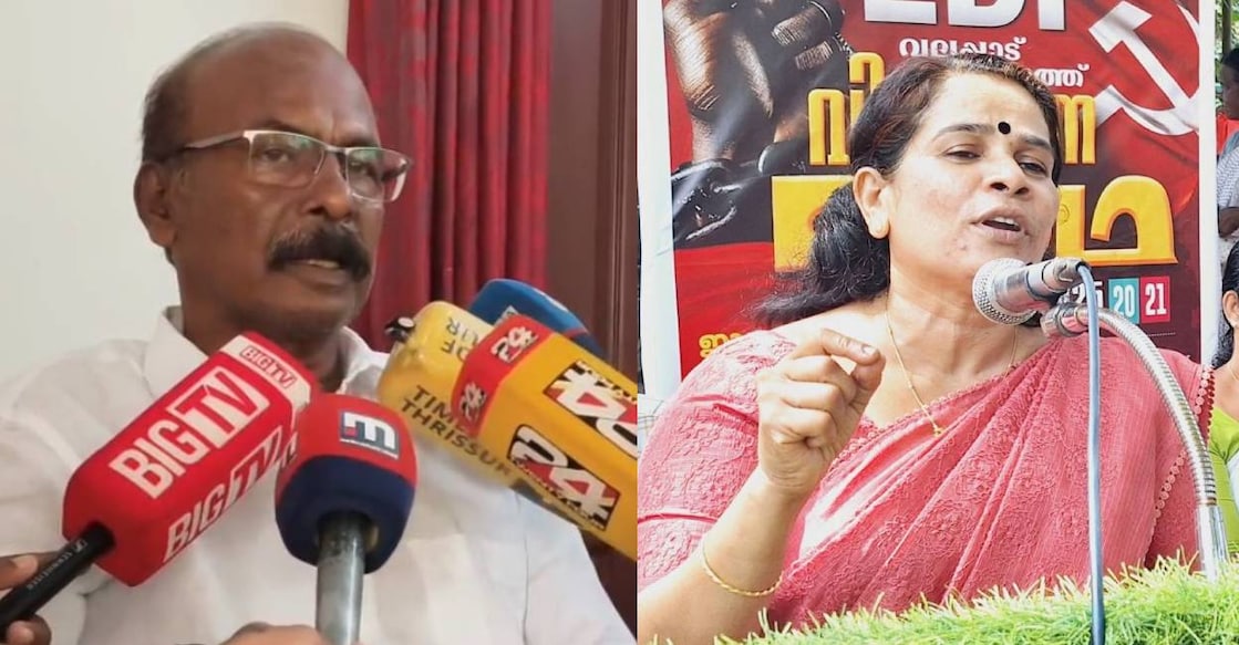 CPI MLA CC Mukundan (L) and LDF candidate in Nattika Geetha Gopi (R). Photo: Special Arrangement, Facebook/Geetha Gopi