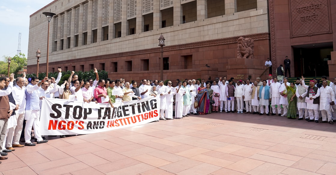 Opposition MPs staging a protest against the FCRA Bill in front of the Parliament in New Delhi, Wednesday, April 1, 2026. Photo: PTI