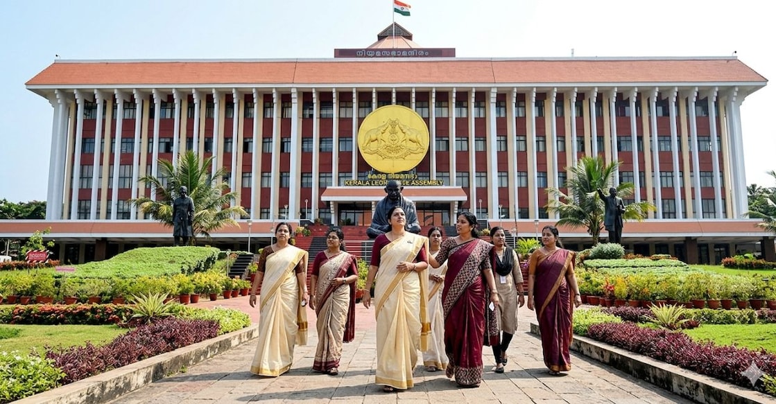 An AI-generated image showing women in front of the Kerala Assembly. 