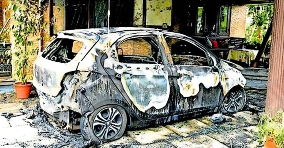 The car belonged to Dr R V Jayakumar which was set on fire. Photo: Manorama