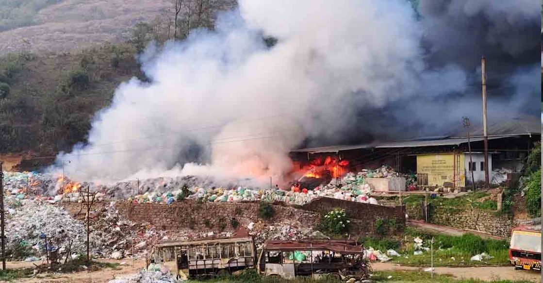 Fire spreads at Munnar grama panchayat’s waste plant in Kallar Estate. Photo: Special arrangement