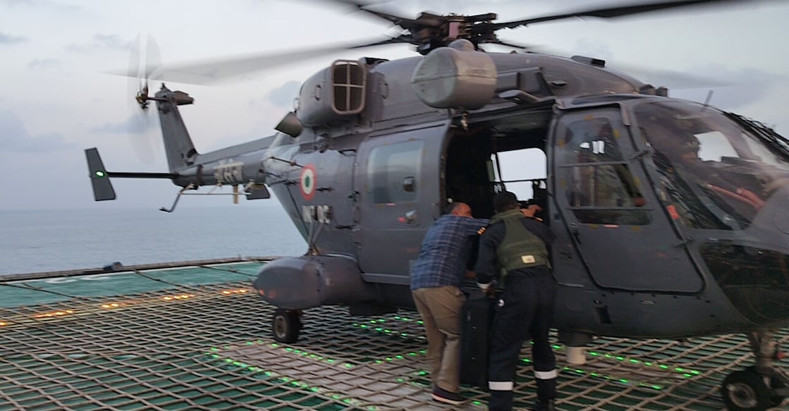 Advanced Light Helicopter (ALH) from INS Garuda lifting the man suffering a cardiac emergency. Photo: Special Arrangement