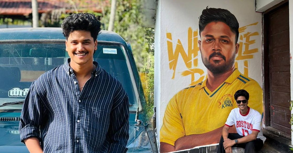 1) Rashid Saulaiman, 2) Rashid sits in front of his graffiti tribute to cricketer Sanju Samson. Photos: Special Arrangement. 