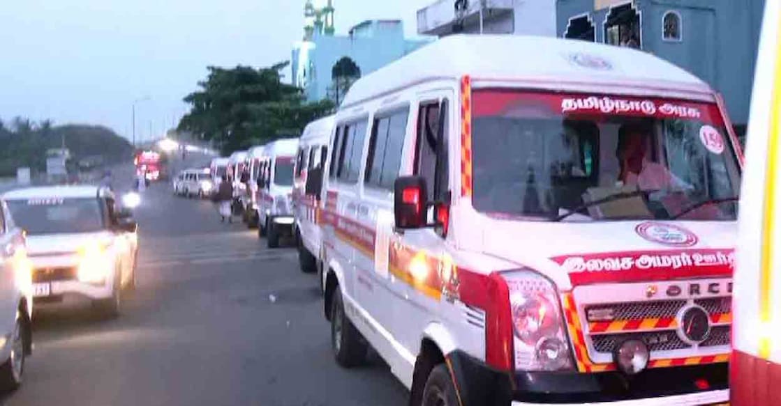 Ambulances carrying mortal remains of Valparai accident victims en route to Malappuram from Pollachi. Photo: Manorama News