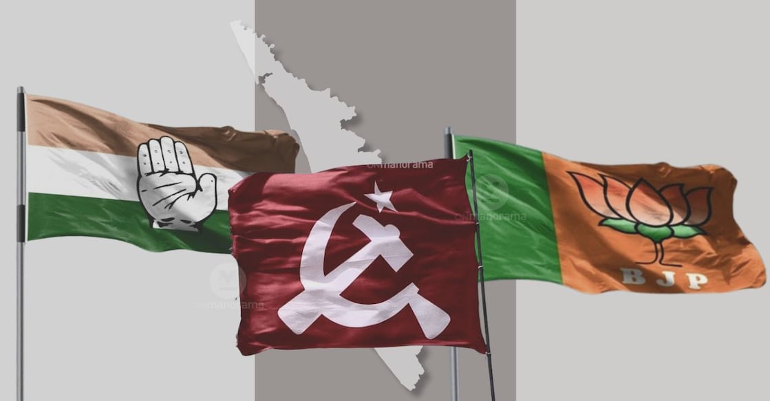 Flags of Congress, CPM and BJP. Image: Onmanorama