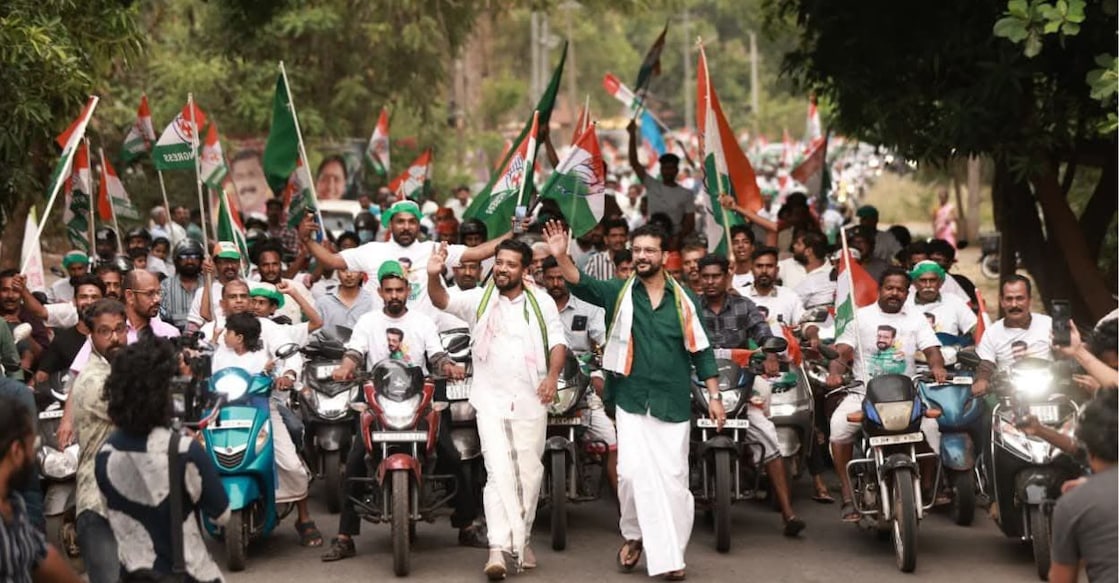 Ramesh Pisharody walks alongside Shafi Parambil during the UDF's campaign in Palakkad. Photo: Facebook/Ramesh Pisharody