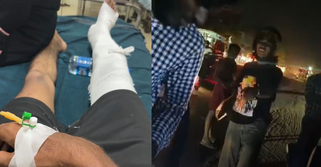 Shinas Navas, while under treatment at Vandanam MCH (Left), Screengrab of a police recording of the interaction with the youths on Saturday. Photo: Special Arrangement