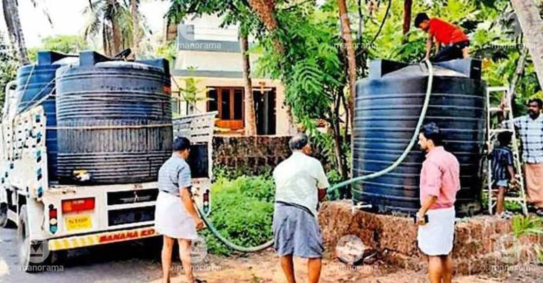 Water being stored for distribution under the panchayat initiative for residents facing drinking water scarcity in Thrikkarippur panchayat. Photo: Special arrangement