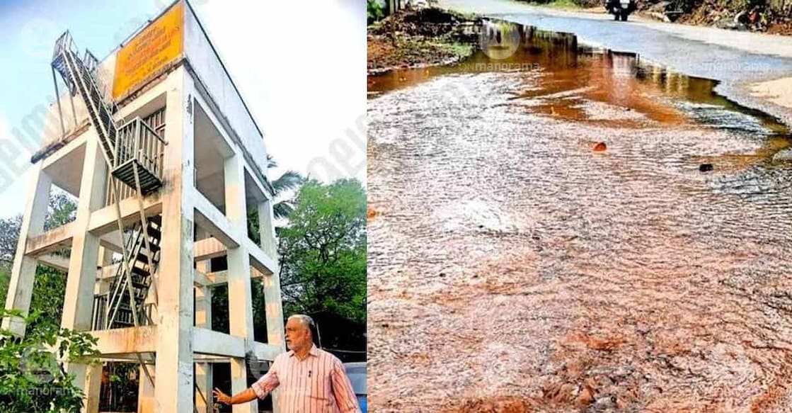 Combo image of water storage tank constructed at Parampuzha in Perumpaikaad (L) and water gushing out from a burst pipeline at Irukavala in Perumpaikaad, leading to significant wastage. Photo: Special arrangement
