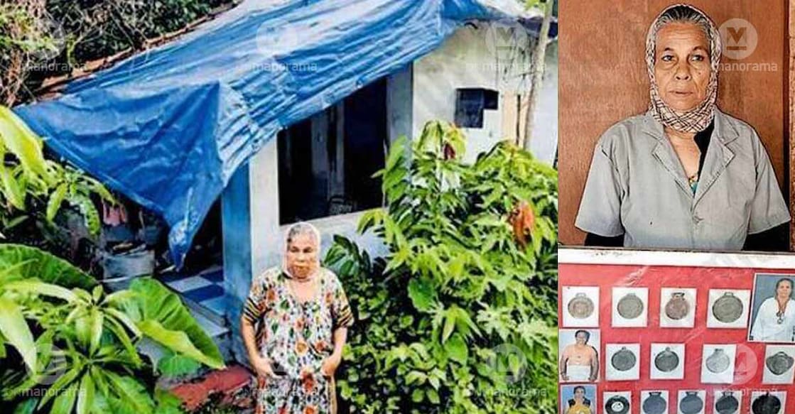 Combo image of veteran athlete Cicily standing in front of her house in Pattikkad, the roof of which is on the verge of collapse (L) and Cicily with her medals. Photo: Special arrangement