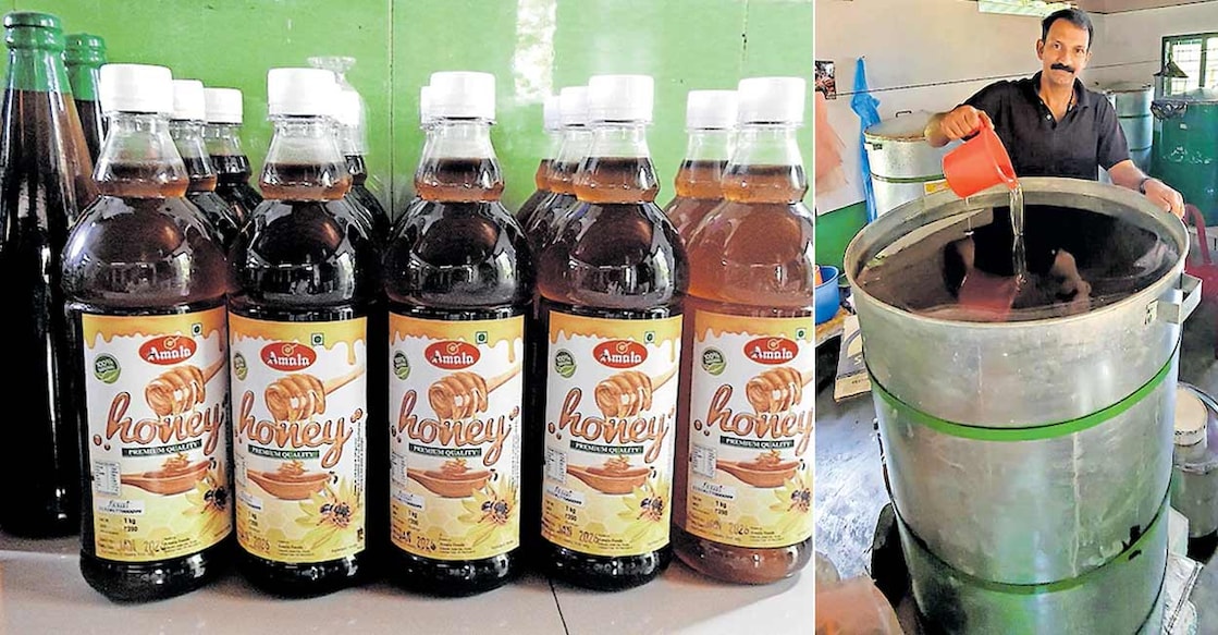 Bottled honey (L) and Robin George at his honey processing unit. Photo: Karshakasree