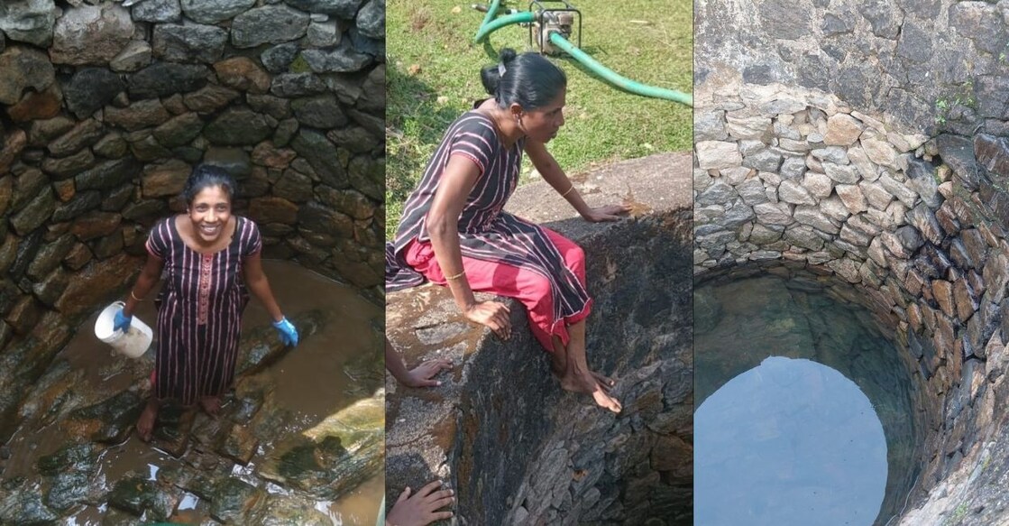 Mareena Saneesh cleaning the well; the well after it was cleared. Photo: Special Arrangement