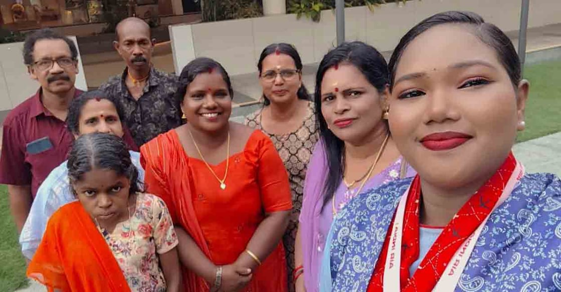 Smitha's daughter Avani, who is an airline ground staff at Kochi airport, takes a selfie with her mother Smitha (orange salwar) and her friends at the airport. Photo: Special arrangement