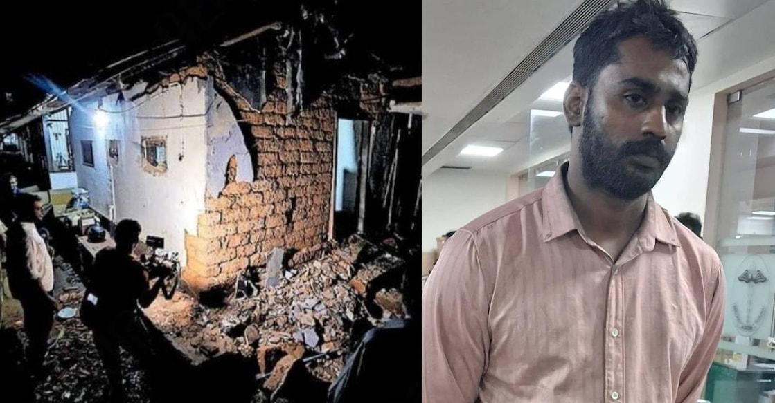 House destroyed in the blast at Kozhikode and the accused Vishnu. Photo: Manorama/ Special Arrangement