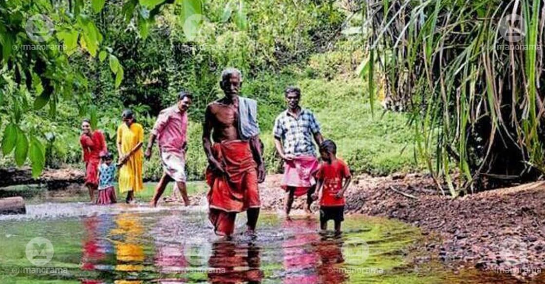 Residents of Pulininna Kaala in the Theviyarukunnu forest region of Aryanad walk along the riverbed. Photo: Special arrangement