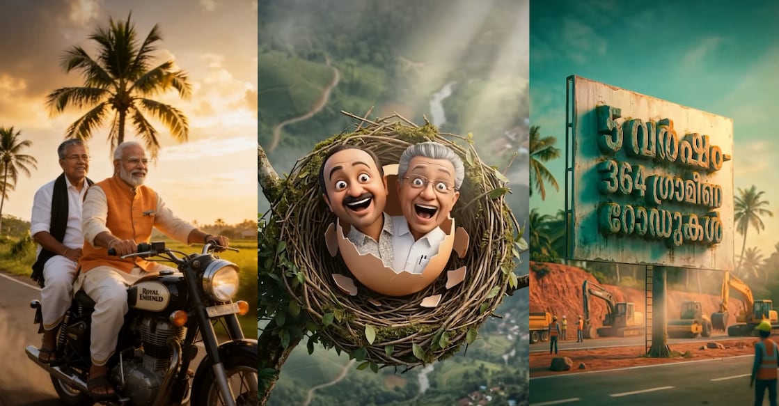 Screengrabs from AI-generated videos created as part of the Kerala Assembly polls campaign. Instagram/ KeralamINC, BJP Keralam, mars_media12.
