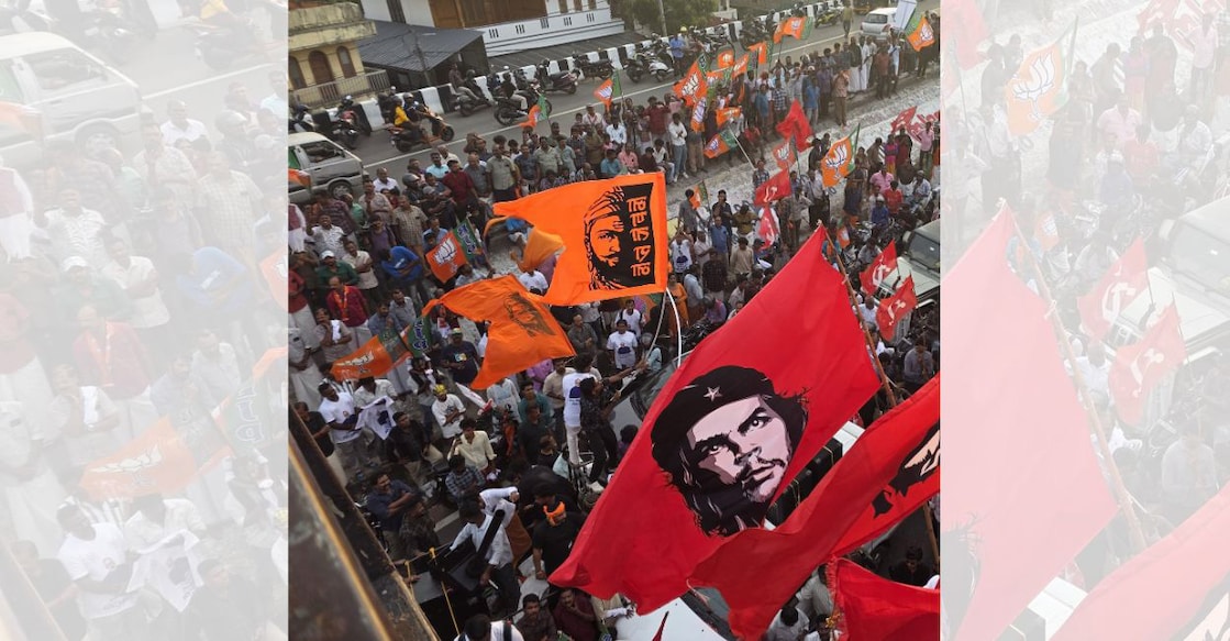 In his photograph shared by BJP leader Rajeev Chandrasekhar, supporters of BJP and CPM participate in the ‘kottikkalasam’ on April 7, two days before the Assembly Election in Kerala. 