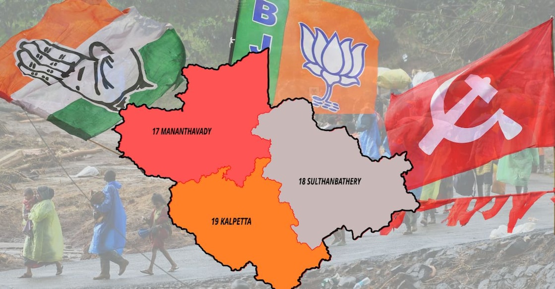 Representational image showing assembly constituencies in Wayanad district and the flags of Congress, BJP, and CPM. Photo: Wikimedia Commons/Canva