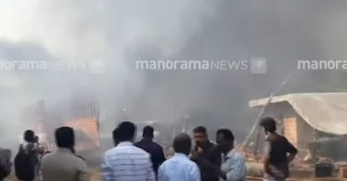 A screengrab showing smoke rising from the police dump yard after a massive fire gutted down hundreds of vehicles. Photo: Manorama News